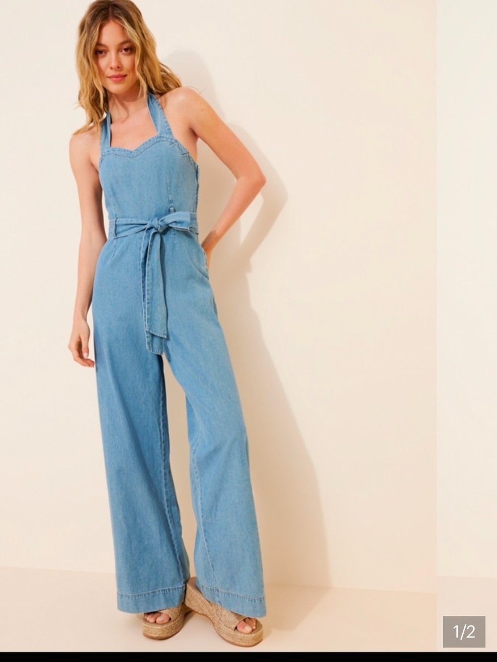 NWT Steve Madden Light Blue Denim Halter Tie-Waist Wide Leg Artie Jumpsuit